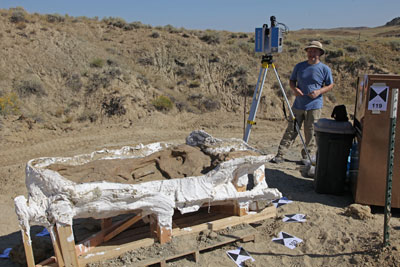 LiDAR scanning in Montana (Hell Creek Formation) using a Z+F Imager to record the 3D geometry of a recently discovered T. rex skull.